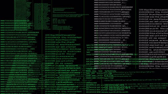 Seamlessly looping 4K motion graphic showing a dynamic futuristic hacker interface (UI). Green digital data streams and animated code on a black background