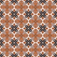 seamless pattern with floral ornament,brown, orange, black curves ,painted create to flowershape, leaves, brown background in geometric patterns as sarong,fabric,tile,printed fabric,batik,tablecloth 