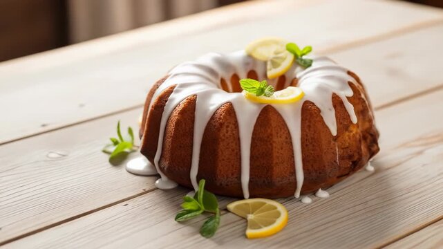 A glazed bundt cake garnished with lemon slices and mint leaves on a wooden surface
