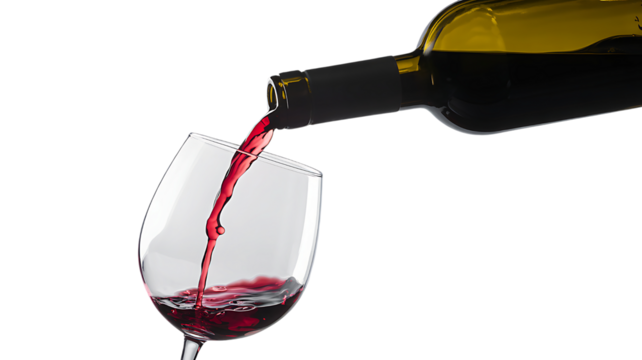 Wine poured into glass from bottle isolated on transparent background
