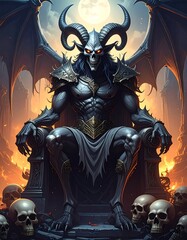 Demonic figure with horns, wings, and glowing eyes on throne