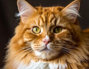 Close-up of a fluffy orange feline with striking green eyes