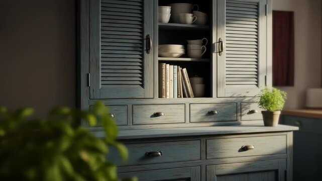 A rustic blue cabinet with shuttered doors and drawers holds books, cups, and plates; a plant is in the foreground