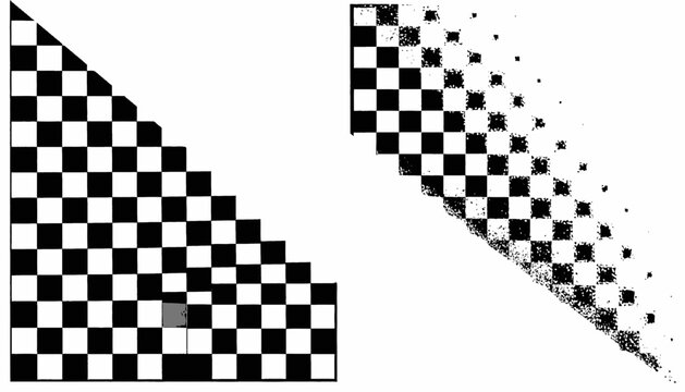 A black and white checkerboard pattern, complete and fragmented on white background, geometric abstract design