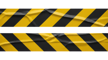 Yellow and black hazard warning tape with diagonal stripes. Isolated on transparent background