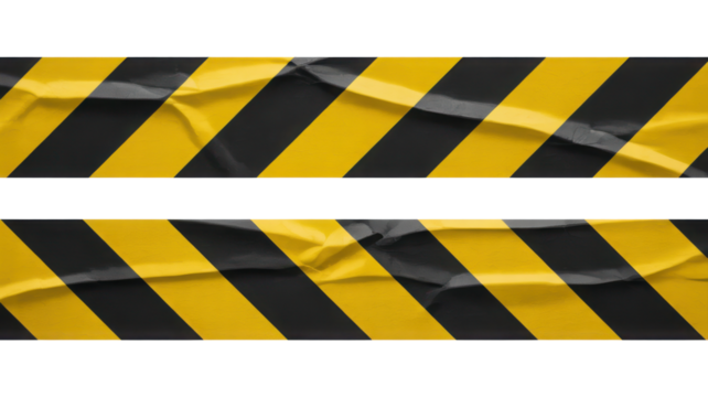 Yellow and black hazard warning tape with diagonal stripes. Isolated on transparent background
