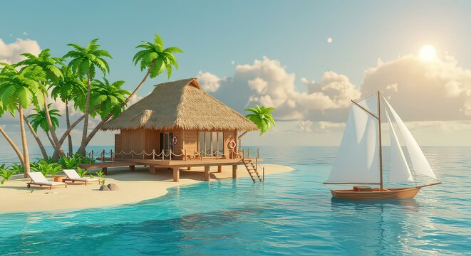 Tropical island scene featuring sailboat bungalow and palm trees under sunny sky - Powered by Adobe