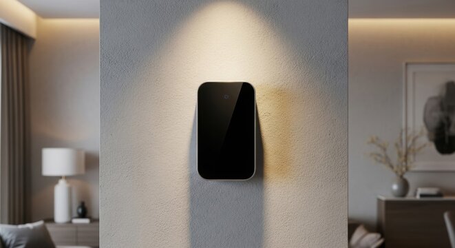 Smart home wall device with glowing light in modern living room interior design.