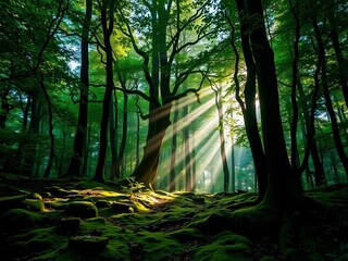 Emerald forest interior, shafts of light piercing dense canopy onto mossy floor,  nature,  serene