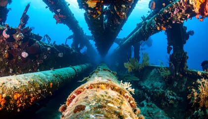 Underwater pipeline structure, coral and marine life