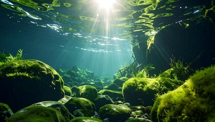 Underwater riverbed, sunlight