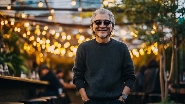 男性が落ち着いた普段着で夕暮れに微笑む