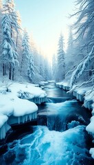 Frozen river flowing through a silent, snow-dusted forest, ice formations shimmering, winter,  clear