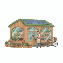 Obraz premium Vector illustration of a local grocery store with a vegetable stand and solar panels
