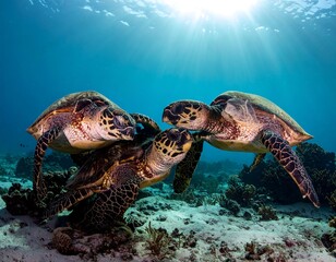 Underwater scene of sea turtles interacting