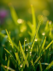 Dew drops glistening on fresh green grass blades at sunrise, nature's morning sparkle,  nature,  droplet
