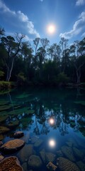 Crystal clear pond reflecting a moonlit sky and surrounding ancient trees, hints of magic,  moonlight,  reflection