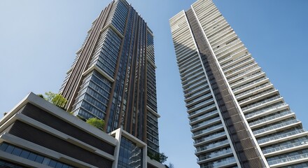 Fototapeta premium Modern Skyscrapers Reaching for the Sky on a Clear Day.