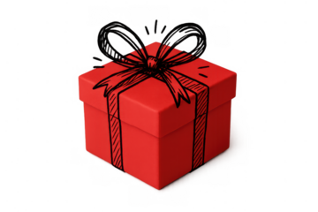 Red gift box featuring a hand-drawn doodle bow and ribbon, symbolizing celebrations, presents, and surprise on transparent background