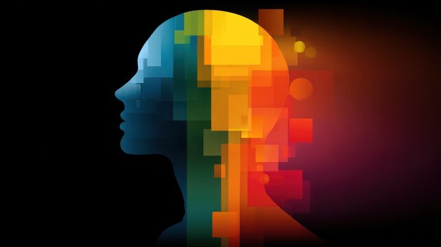 Silhouette head profile filled with colorful geometric shapes, representing mind concept