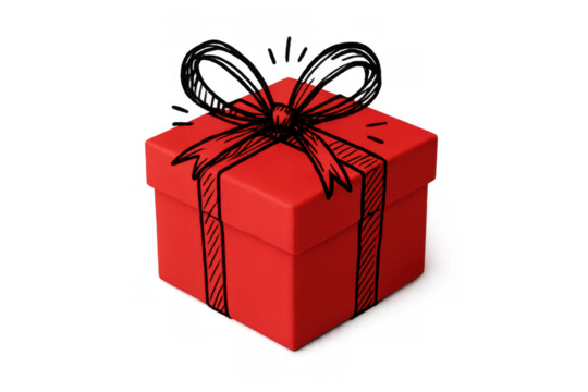 Red gift box featuring a hand-drawn doodle bow and ribbon, symbolizing celebrations, presents, and surprise on transparent background
