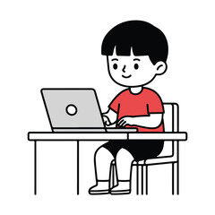 Cartoon boy working on laptop at desk for online learning remote education or kids technology computer skills training