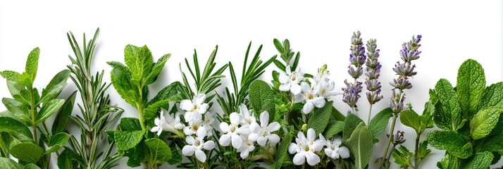 Fresh herbs and flowers in a horizontal arrangement