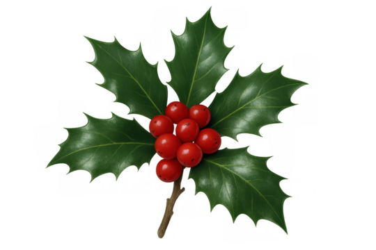 Holly plant branch with vibrant red berries and green leaves, symbolizing christmas, winter holidays, and festive decoration, transparent background