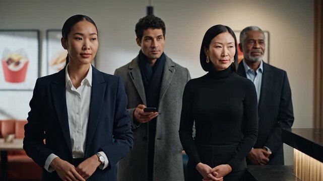 Four diverse people stand, a woman in a suit, a woman in black, a man on phone, and a older man