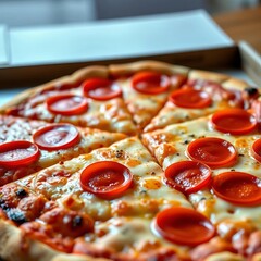 Delicious pepperoni pizza, perfectly baked with melted cheese and a crispy crust, ready to be sliced and enjoyed,  simple,  lunch