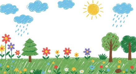 Fototapeta premium Vibrant hand drawn landscape illustration with colorful flowers trees and clouds