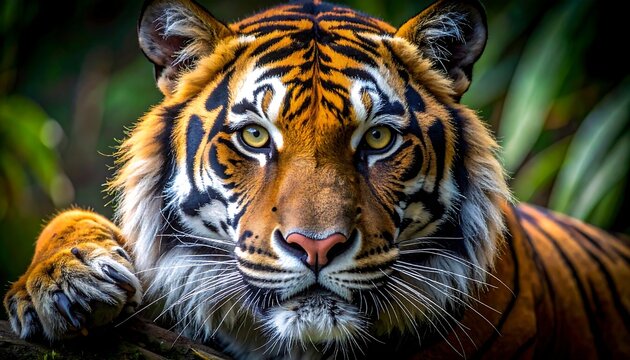 A close-up portrait of a majestic tiger with vibrant orange and black stripes. The tiger's intense gaze and lush green background