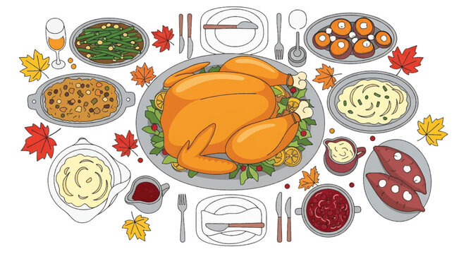 Flat lay illustration of a Thanksgiving dinner table with roasted turkey, various side dishes, and fall leaves on a white background.