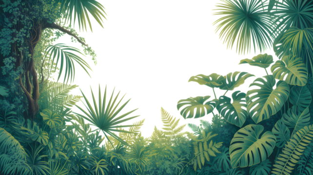 Lush green jungle foliage with large tropical leaves and ferns framing a bright white sky isolated on transparent background