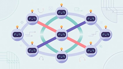 Colorful Robot Network Illustration with Interconnected Circles and Lines