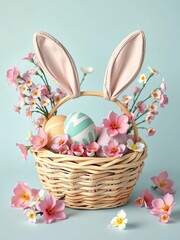 Festive bunny-shaped basket overflowing with painted eggs and pastel blossoms, perfect for spring holidays,  eggs,  bunny