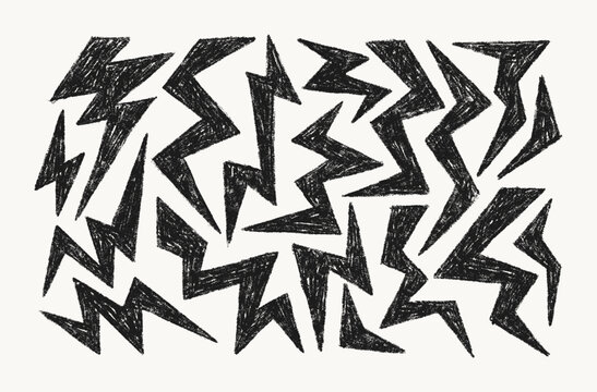 Crayon Lightning and Thunder Chalk Icons Set. Vector Hand Drawn Pencil Zig Zag Shapes Lightning Bolt in Retro Comics Style. Doodle Abstract Elements for Template, Promo and Web Design