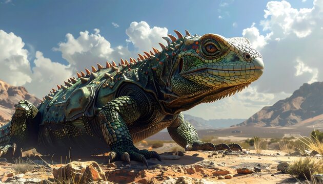 A close-up view of a large reptile basking in the desert sun. The image portrays scales, spikes, and arid landscape
