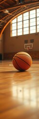 Faded orange basketball resting on an empty gym floor, sepia tones,  game,  gym