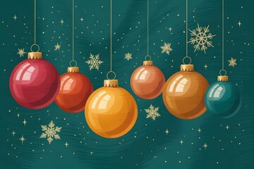 Festive christmas ornaments in various colors hang against a dark teal background with snowflakes