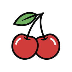 Red cherries with green leaf and stem for fresh fruit healthy food or natural organic produce branding design