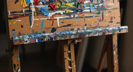 Close-up of a Paint-Splattered Easel, Artistic Texture and Color.