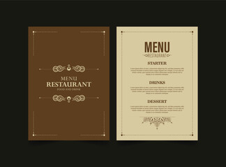 Elegant Vintage Restaurant Menu Design with Decorative Elements and Food Options