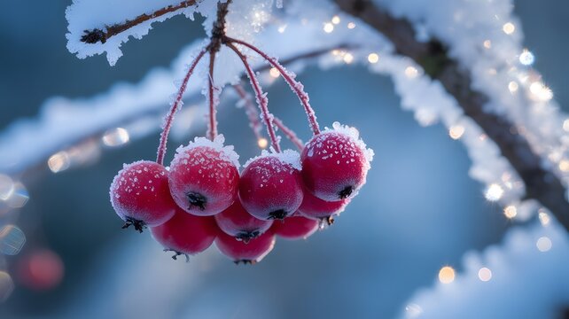 Close up of red berries covered in frost and snow on a branch with bokeh lights