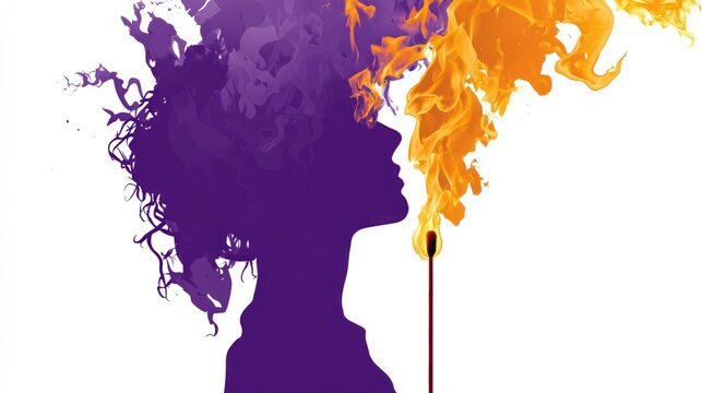 Silhouette of a woman's head with fiery hair, and a match striking the base of her mind