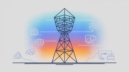 Abstract Communication Tower with Digital Icons and Gradient Background