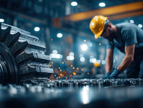 Industrial Gear and Worker in Factory