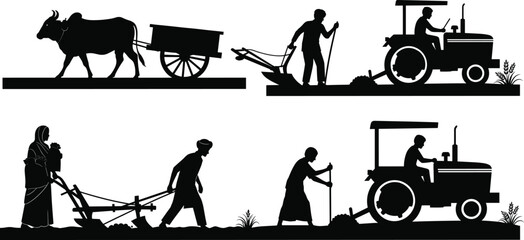Traditional and modern agriculture silhouettes vector, farmers with oxen and tractors, rural lifestyle, field plowing, countryside work, agriculture illustration design © SreeShontusChandra