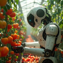 Futuristic robot harvesting ripe tomatoes in a greenhouse