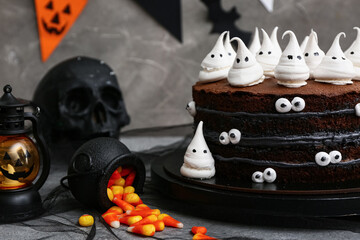 Sweet Halloween cake decorated with meringue ghosts, candies, lantern and skull on grey background
